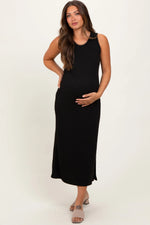 PinkBlush Black Jacquard Sleeveless Side Slit Maternity Midi Dress - 