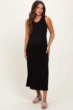 PinkBlush Black Jacquard Sleeveless Side Slit Maternity Midi Dress - 