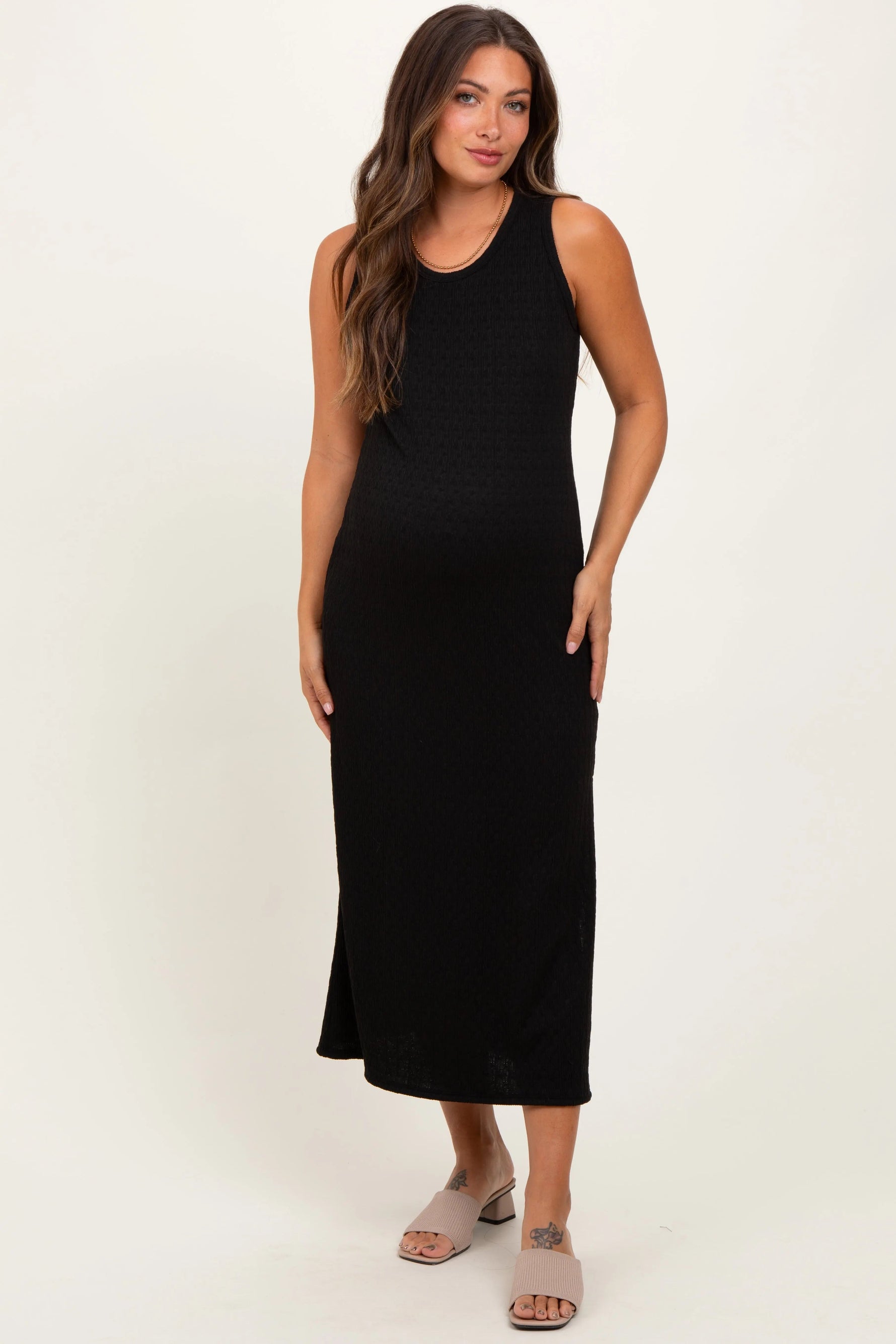 PinkBlush Black Jacquard Sleeveless Side Slit Maternity Midi Dress - 