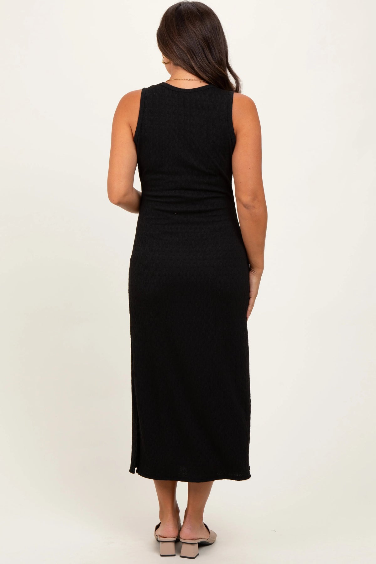 PinkBlush Black Jacquard Sleeveless Side Slit Maternity Midi Dress - 