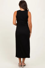 PinkBlush Black Jacquard Sleeveless Side Slit Maternity Midi Dress - 