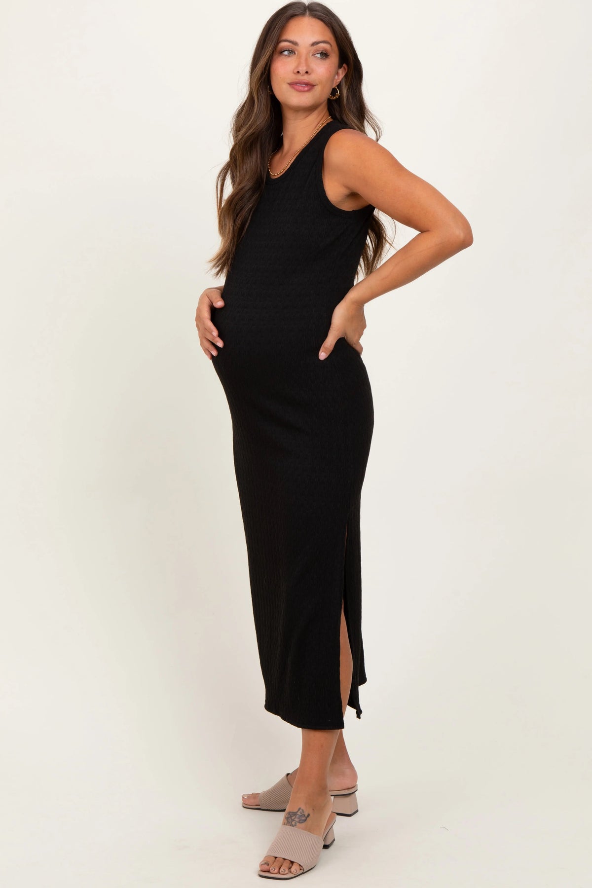 PinkBlush Black Jacquard Sleeveless Side Slit Maternity Midi Dress - 
