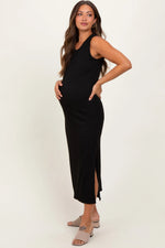 PinkBlush Black Jacquard Sleeveless Side Slit Maternity Midi Dress - 