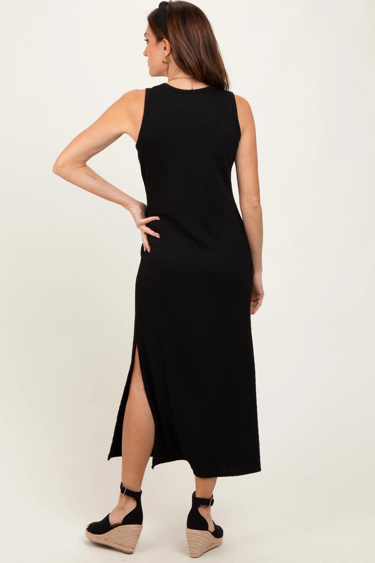 PinkBlush Black Jacquard Sleeveless Side Slit Midi Dress - 