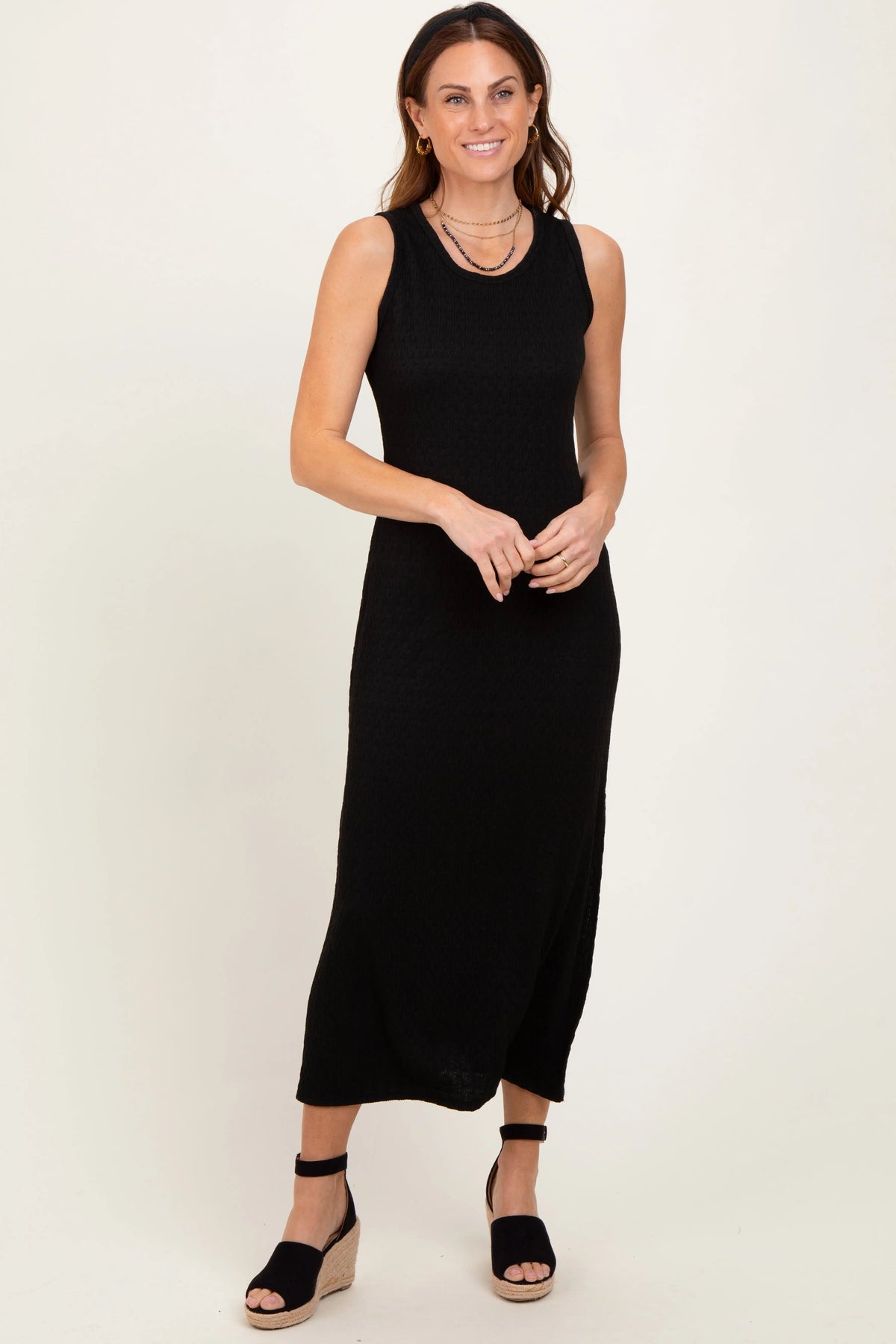 PinkBlush Black Jacquard Sleeveless Side Slit Midi Dress - 