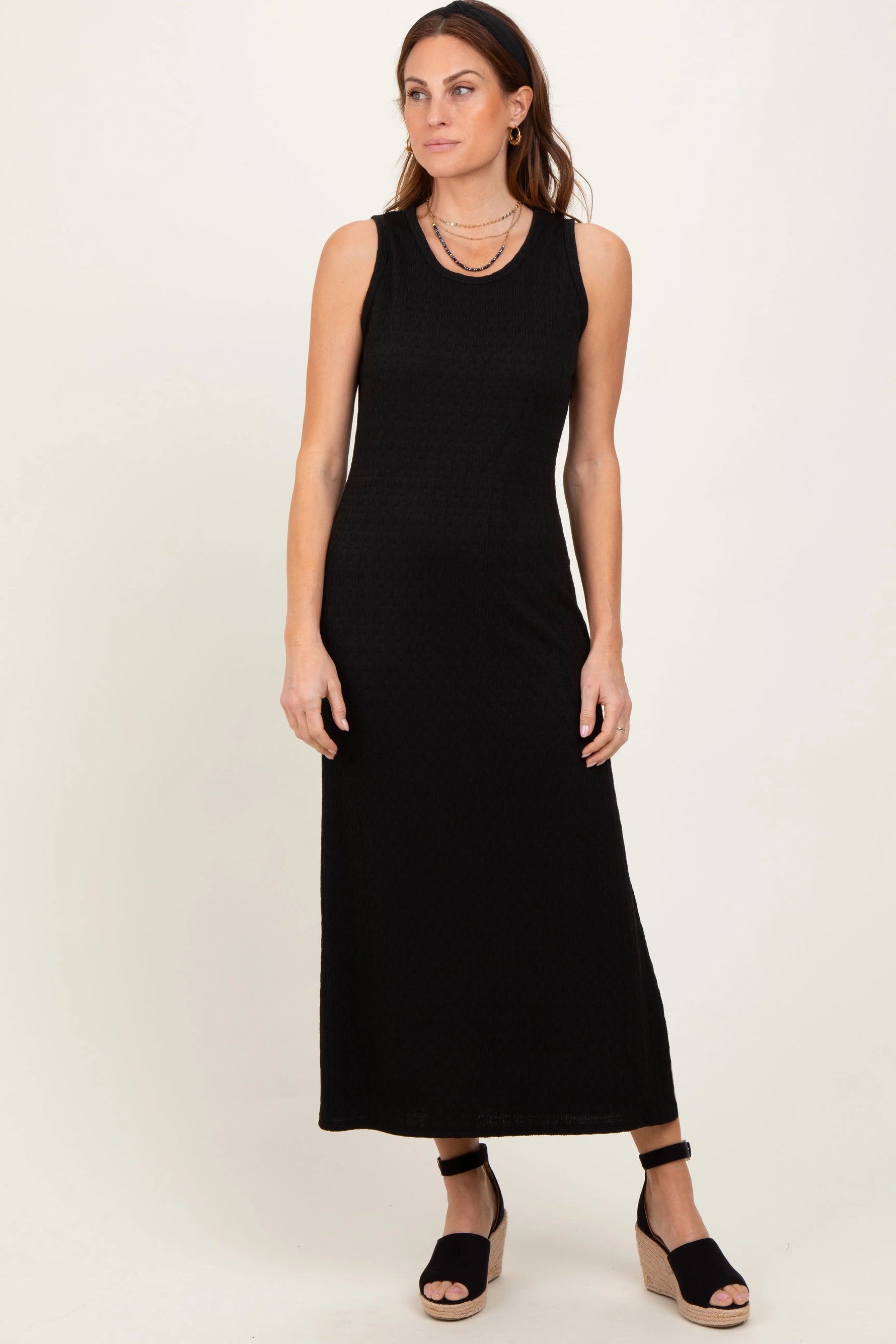 PinkBlush Black Jacquard Sleeveless Side Slit Midi Dress - 