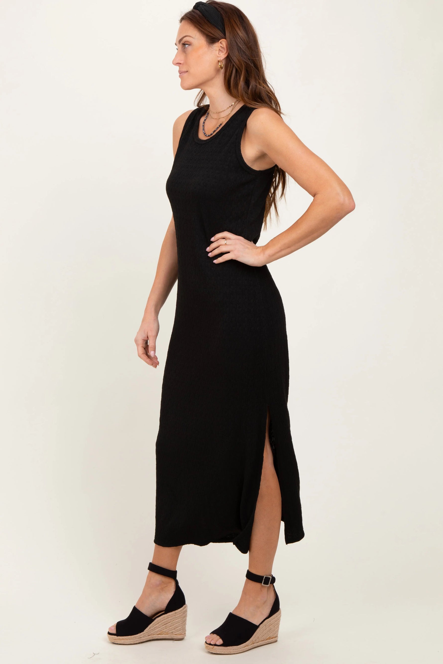 PinkBlush Black Jacquard Sleeveless Side Slit Midi Dress - 