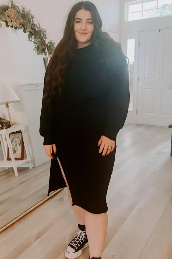 PinkBlush Black Knit Long Sleeve Crop Top Midi Skirt Set - 
