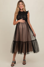 Pregnant model wearing an elegant PinkBlush Black Lace Tulle Maternity Maxi Dress, full length.