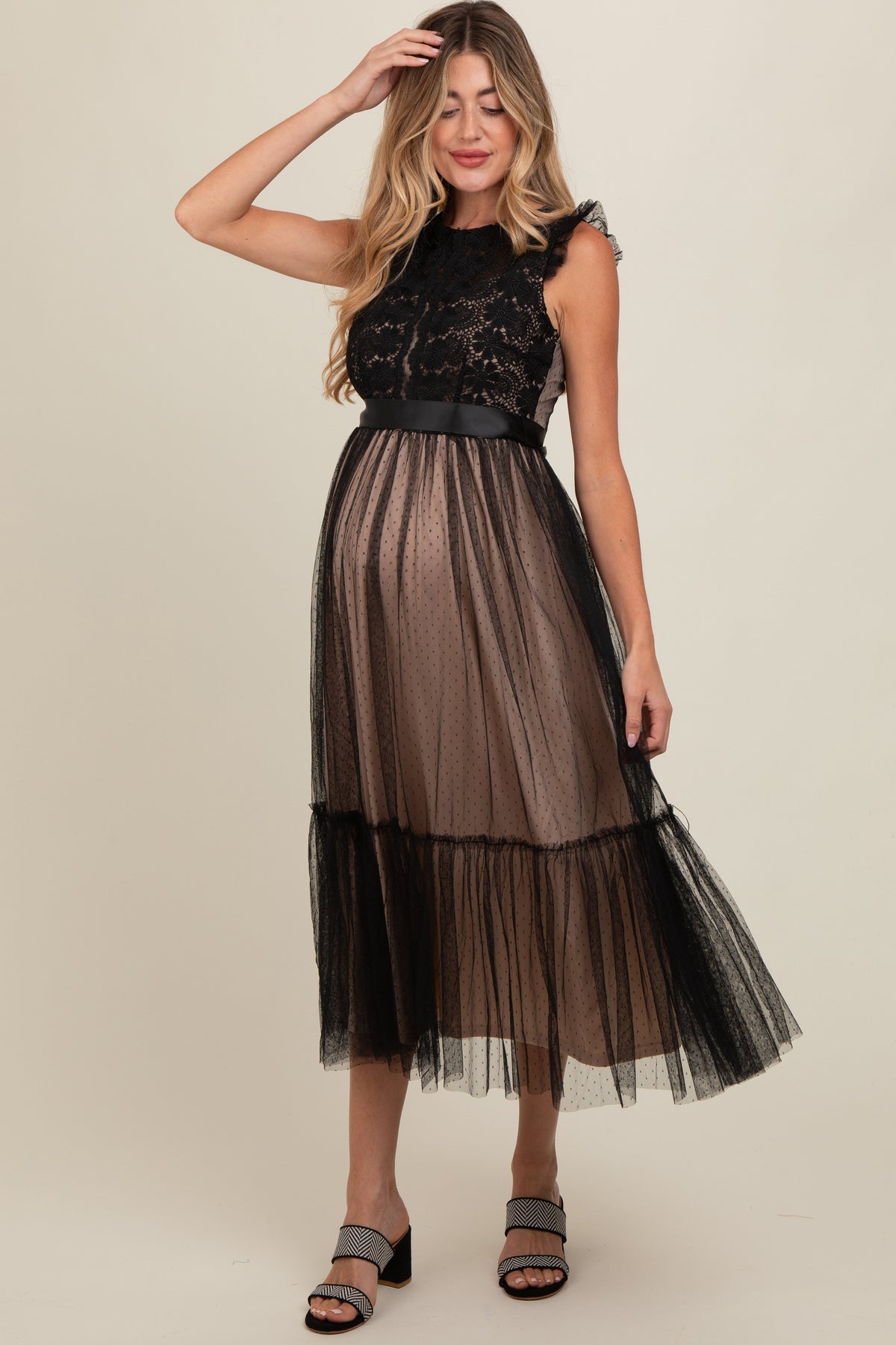 Pregnant model wearing an elegant PinkBlush Black Lace Tulle Maternity Maxi Dress, full length.