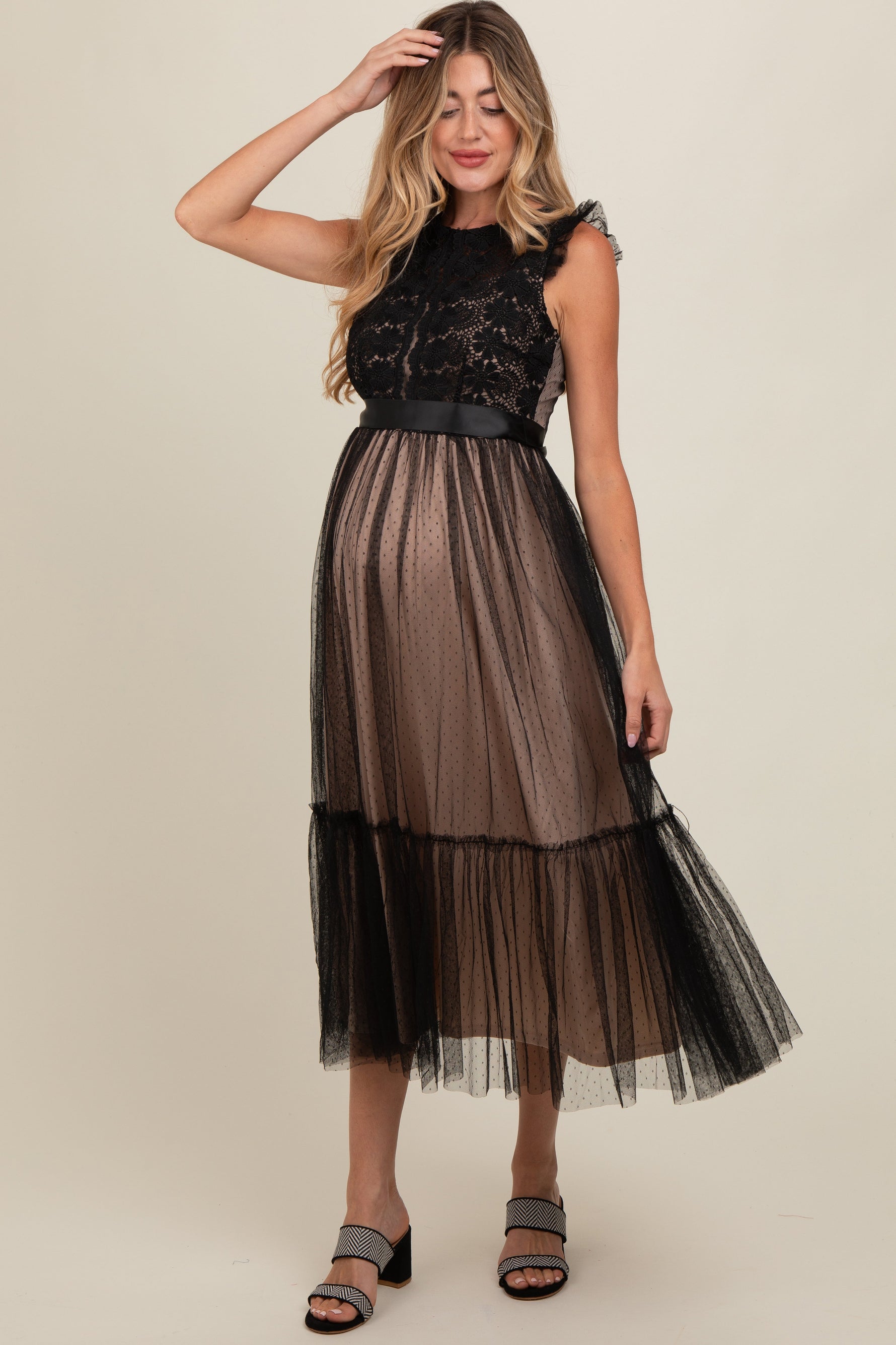 Pregnant model wearing an elegant PinkBlush Black Lace Tulle Maternity Maxi Dress, full length.