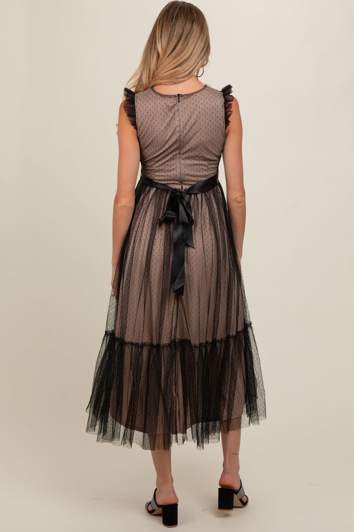Pregnant model wearing an elegant PinkBlush Black Lace Tulle Maternity Maxi Dress, full length.