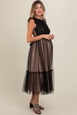 Pregnant model wearing an elegant PinkBlush Black Lace Tulle Maternity Maxi Dress, full length.