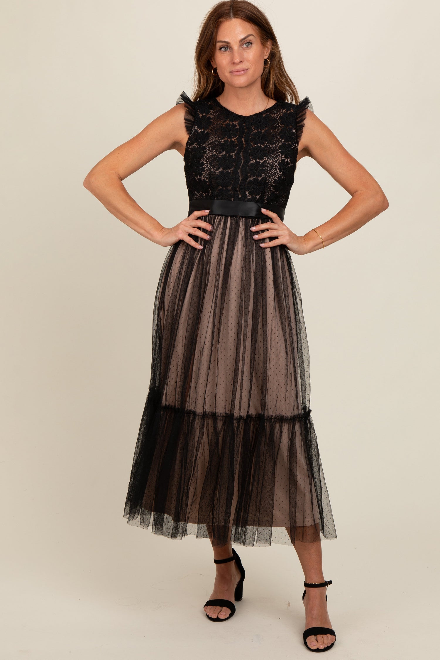 Image of adult Black Lace Contrast Tulle Maxi Dress, not an organic baby product.