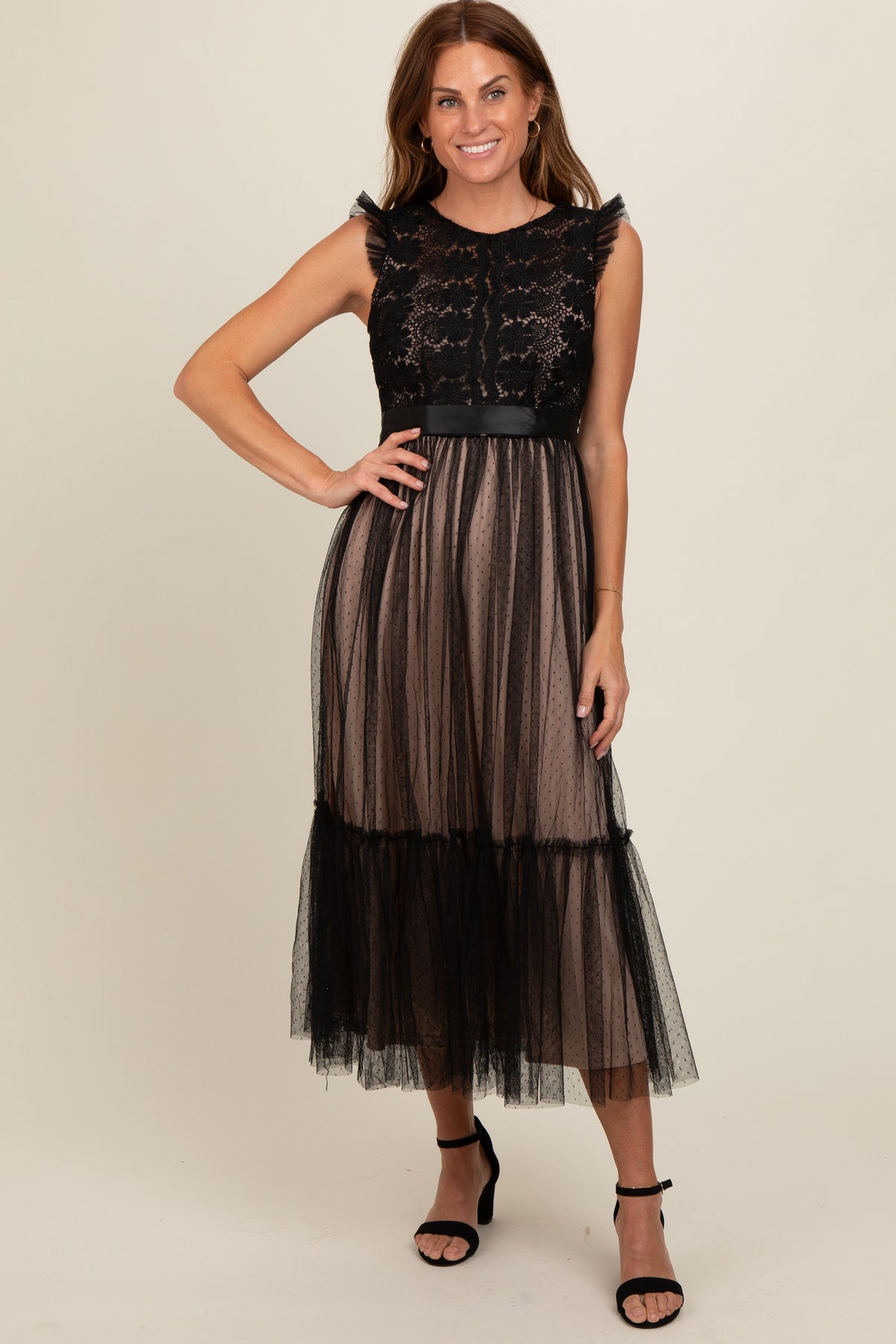 Image of adult Black Lace Contrast Tulle Maxi Dress, not an organic baby product.