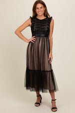 Image of adult Black Lace Contrast Tulle Maxi Dress, not an organic baby product.