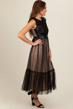 Image of adult Black Lace Contrast Tulle Maxi Dress, not an organic baby product.