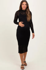 PinkBlush Black Lace Overlay Long Sleeve Fitted Maternity Midi Dress - 