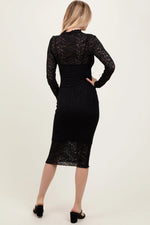PinkBlush Black Lace Overlay Long Sleeve Fitted Midi Dress - 