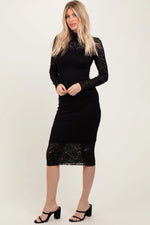 PinkBlush Black Lace Overlay Long Sleeve Fitted Midi Dress - 