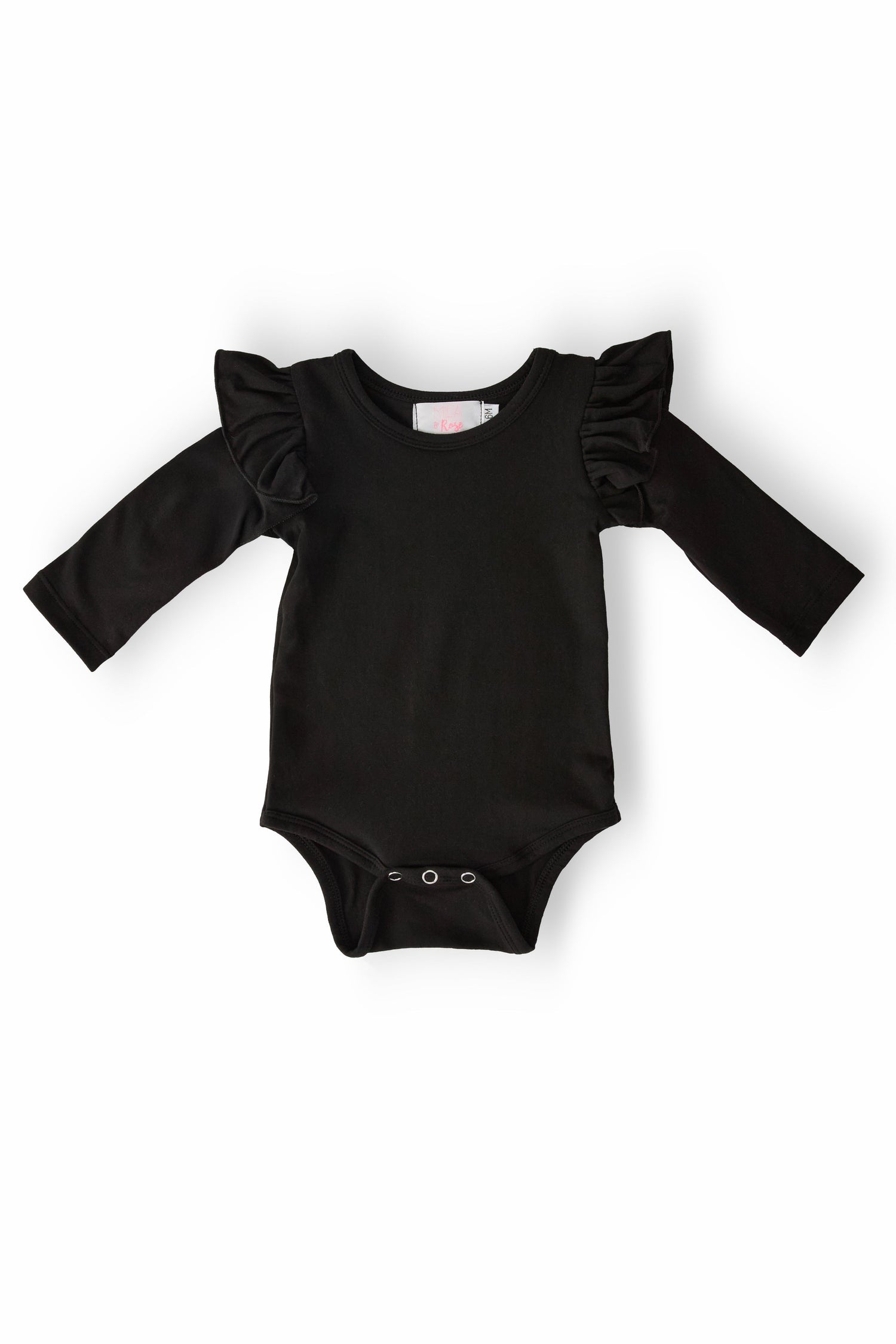 Black long-sleeve baby bodysuit with flutter sleeves at the shoulders