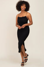 PinkBlush Black Mesh Ruched Cross Back Side Slit Maternity Midi Dress - 