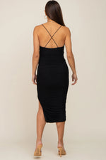 PinkBlush Black Mesh Ruched Cross Back Side Slit Maternity Midi Dress - 