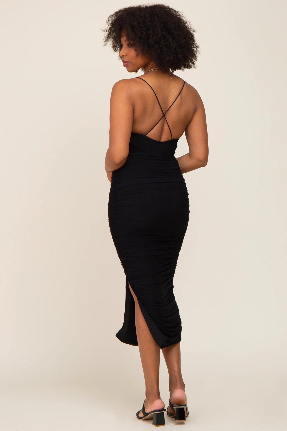 PinkBlush Black Mesh Ruched Cross Back Side Slit Midi Dress - 