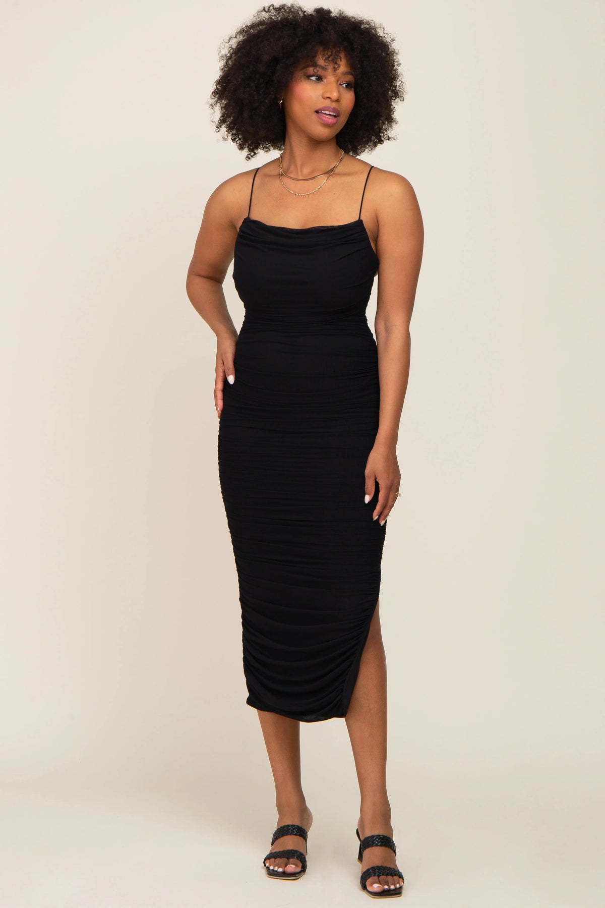 PinkBlush Black Mesh Ruched Cross Back Side Slit Midi Dress - 