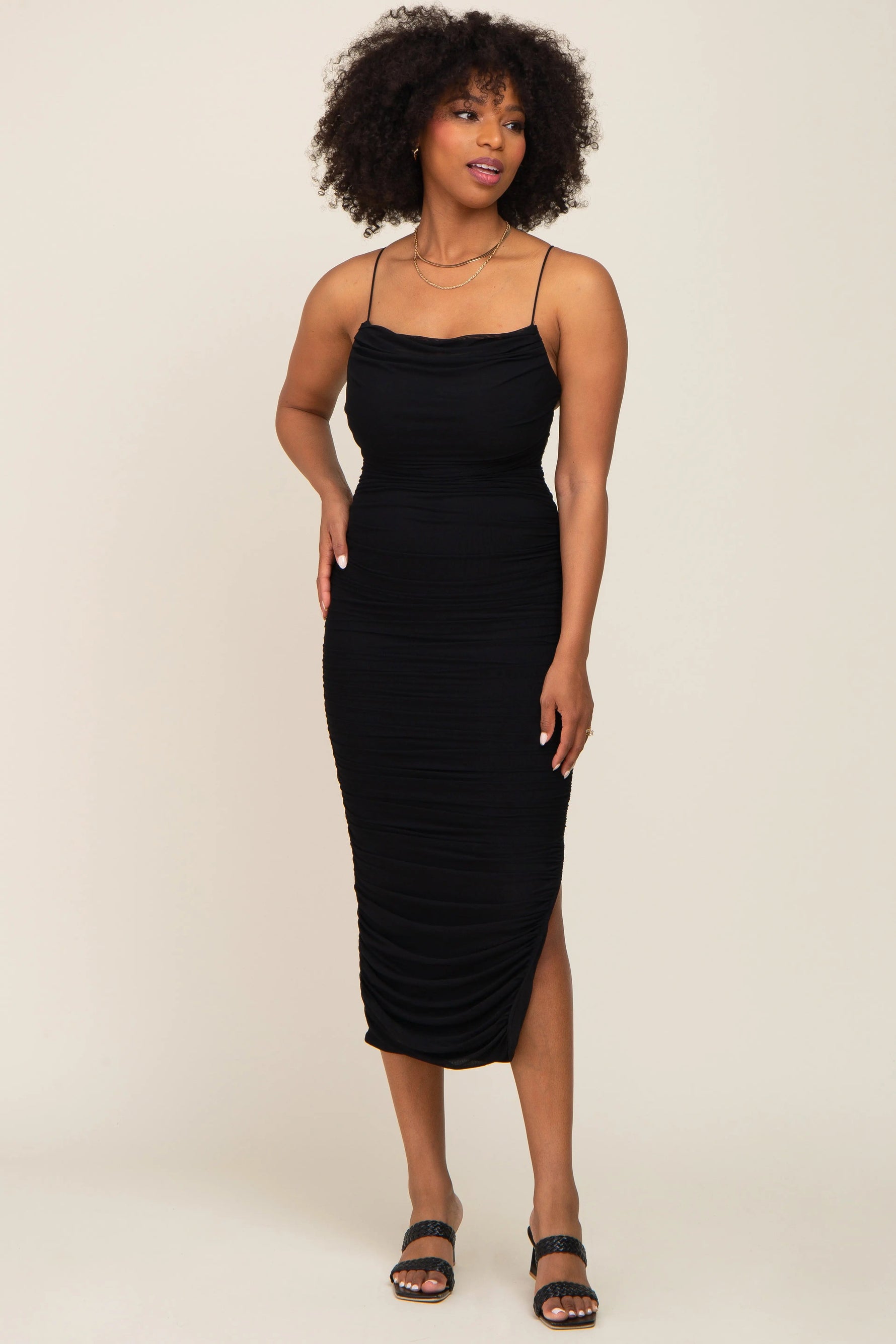 PinkBlush Black Mesh Ruched Cross Back Side Slit Midi Dress - 