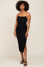 PinkBlush Black Mesh Ruched Cross Back Side Slit Midi Dress - 