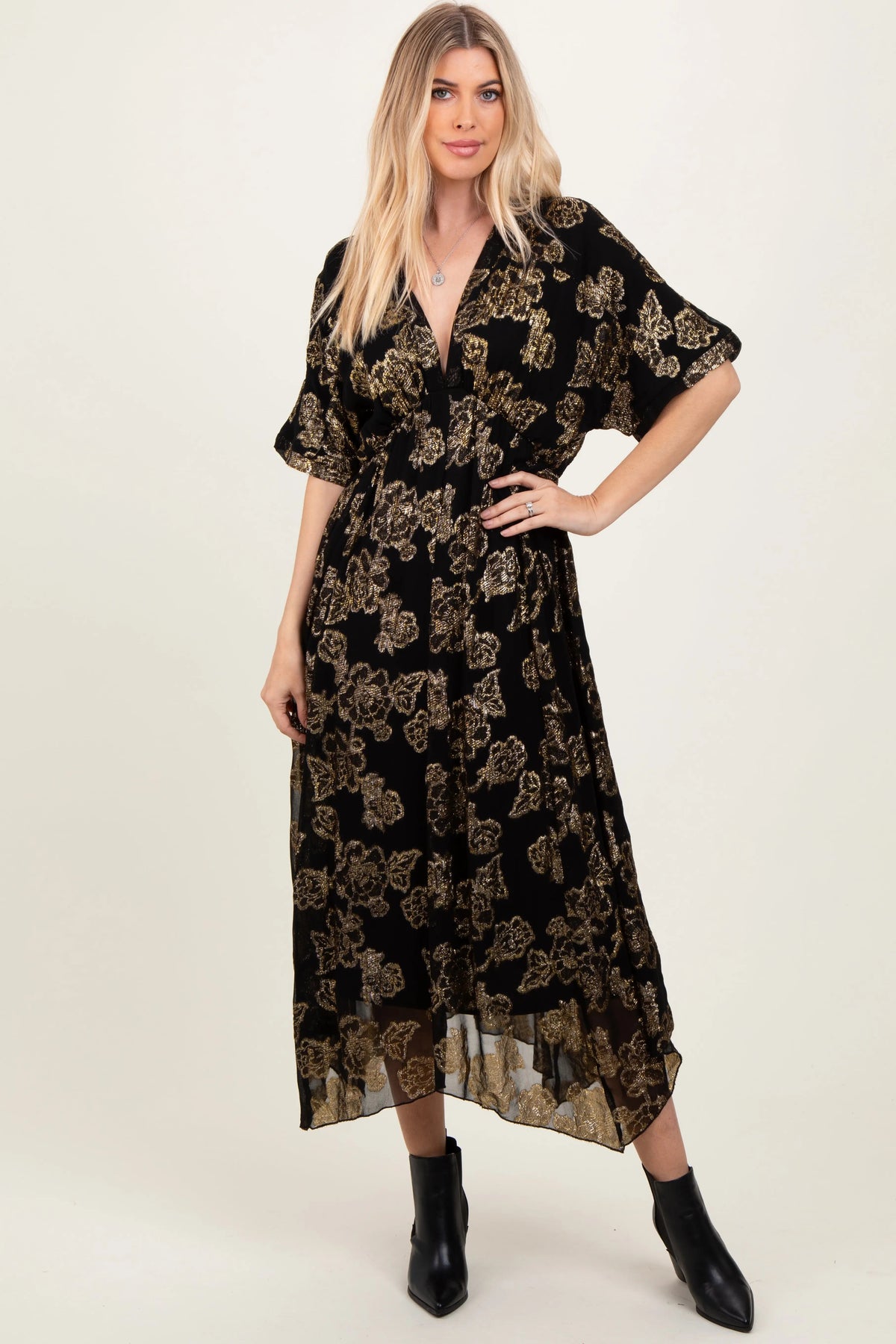 PinkBlush Black Metallic Floral Jacquard Overlay Maternity Maxi Dress - 