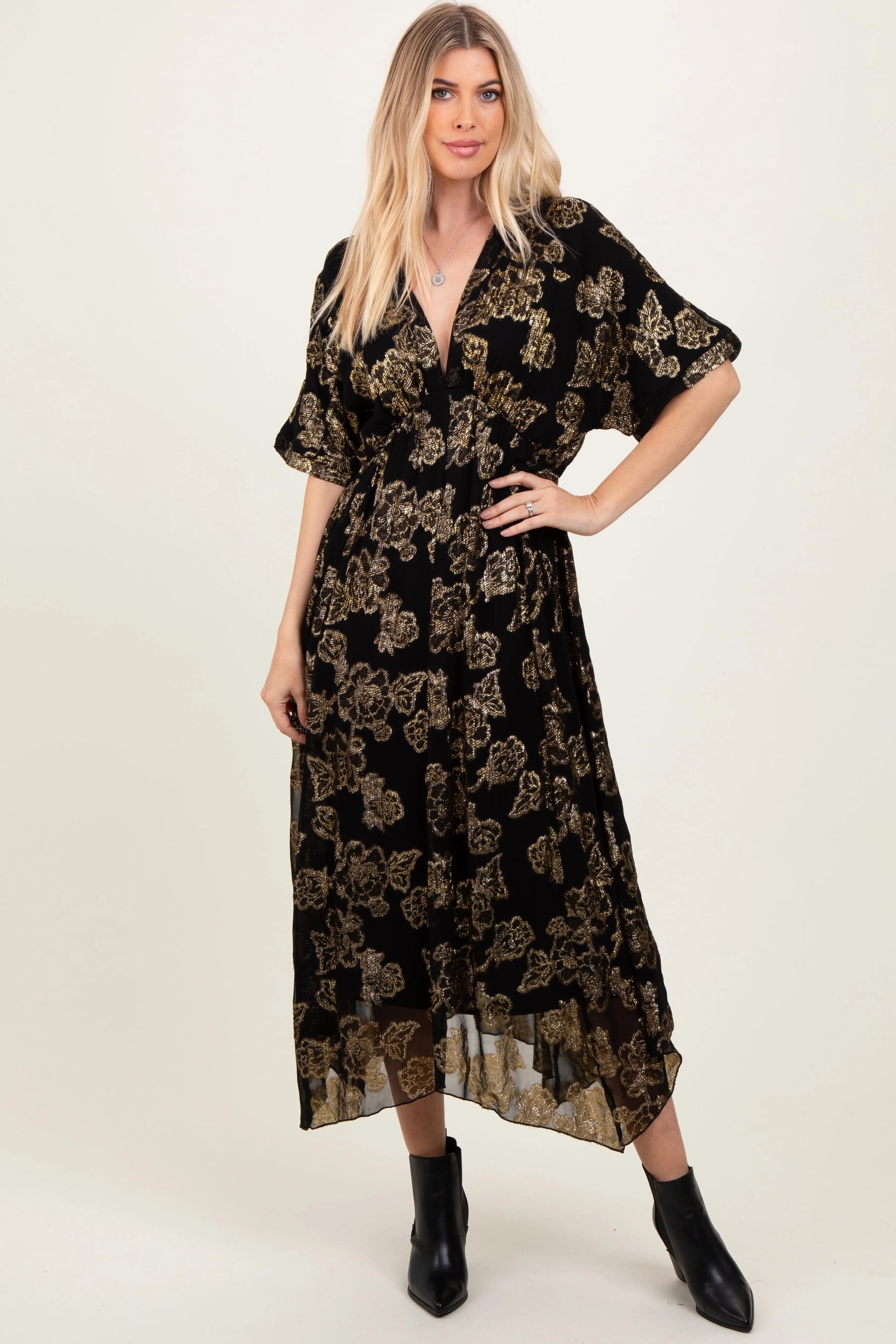PinkBlush Black Metallic Floral Jacquard Overlay Maternity Maxi Dress - 