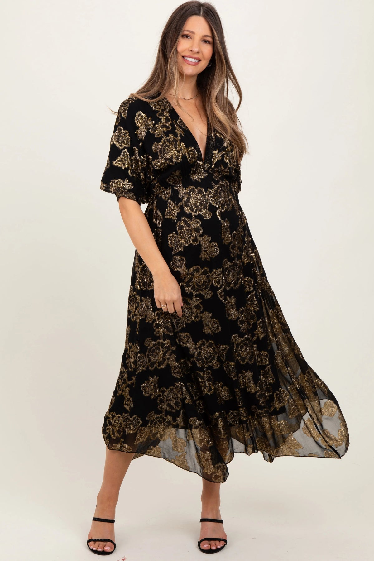 PinkBlush Black Metallic Floral Jacquard Overlay Maternity Maxi Dress - 