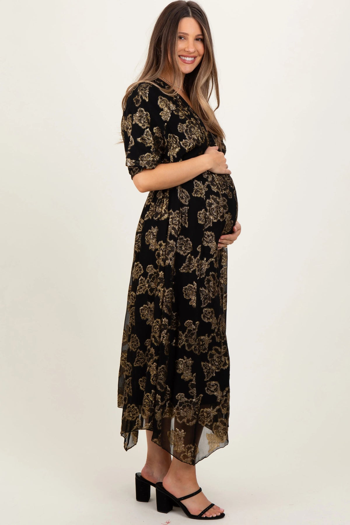 PinkBlush Black Metallic Floral Jacquard Overlay Maternity Maxi Dress - 