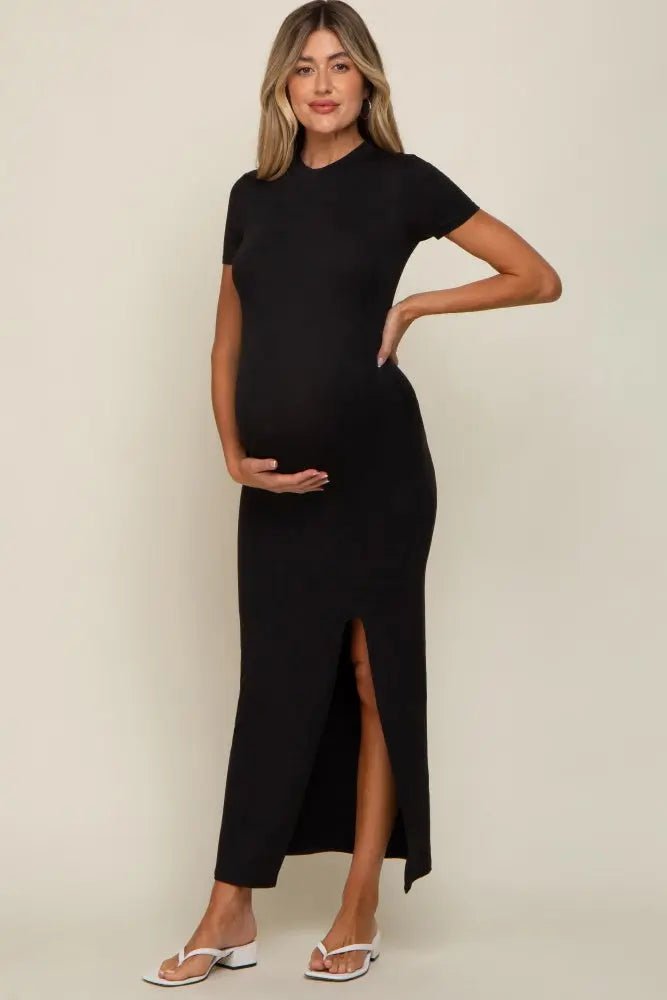 PinkBlush Black Mock Neck Front Slit Short Sleeve Maternity Maxi Dress - 