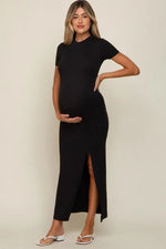 PinkBlush Black Mock Neck Front Slit Short Sleeve Maternity Maxi Dress - 