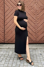 PinkBlush Black Mock Neck Front Slit Short Sleeve Maternity Maxi Dress - 