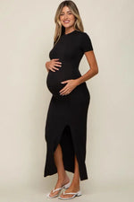 PinkBlush Black Mock Neck Front Slit Short Sleeve Maternity Maxi Dress - 
