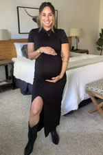 PinkBlush Black Mock Neck Front Slit Short Sleeve Maternity Maxi Dress - 