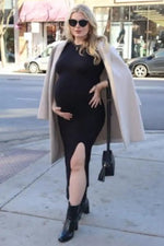 PinkBlush Black Mock Neck Front Slit Short Sleeve Maternity Maxi Dress - 