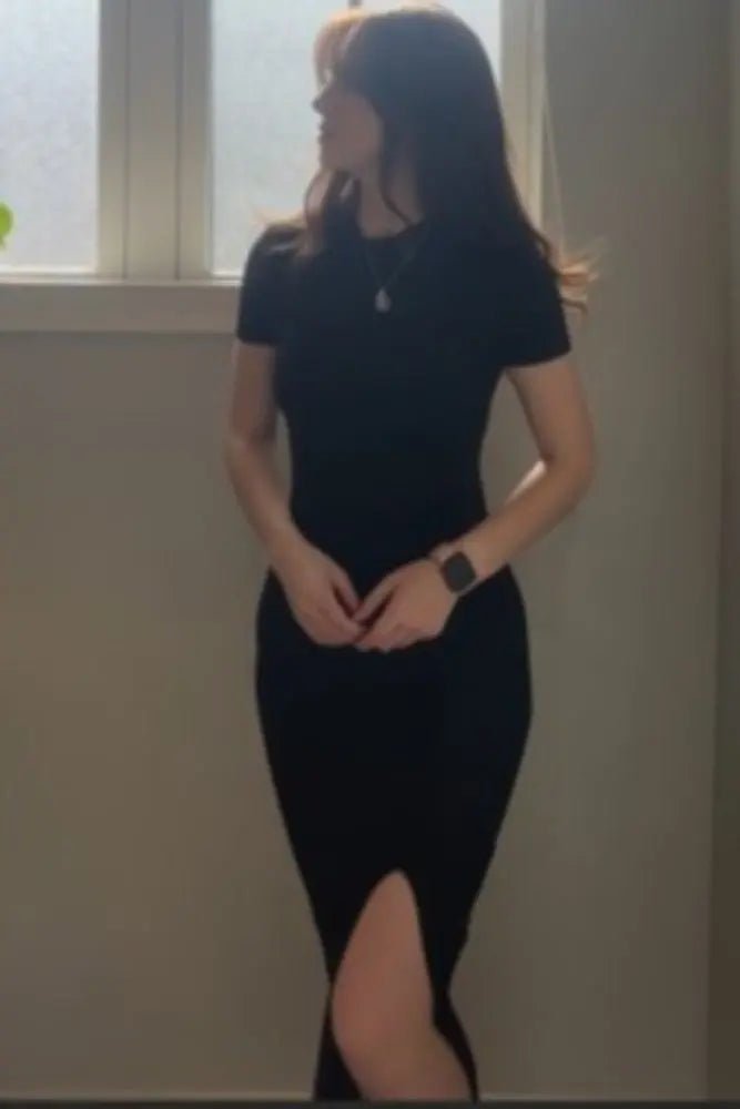 PinkBlush Black Mock Neck Front Slit Short Sleeve Maxi Dress - 