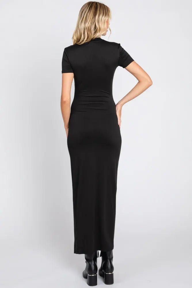 PinkBlush Black Mock Neck Front Slit Short Sleeve Maxi Dress - 