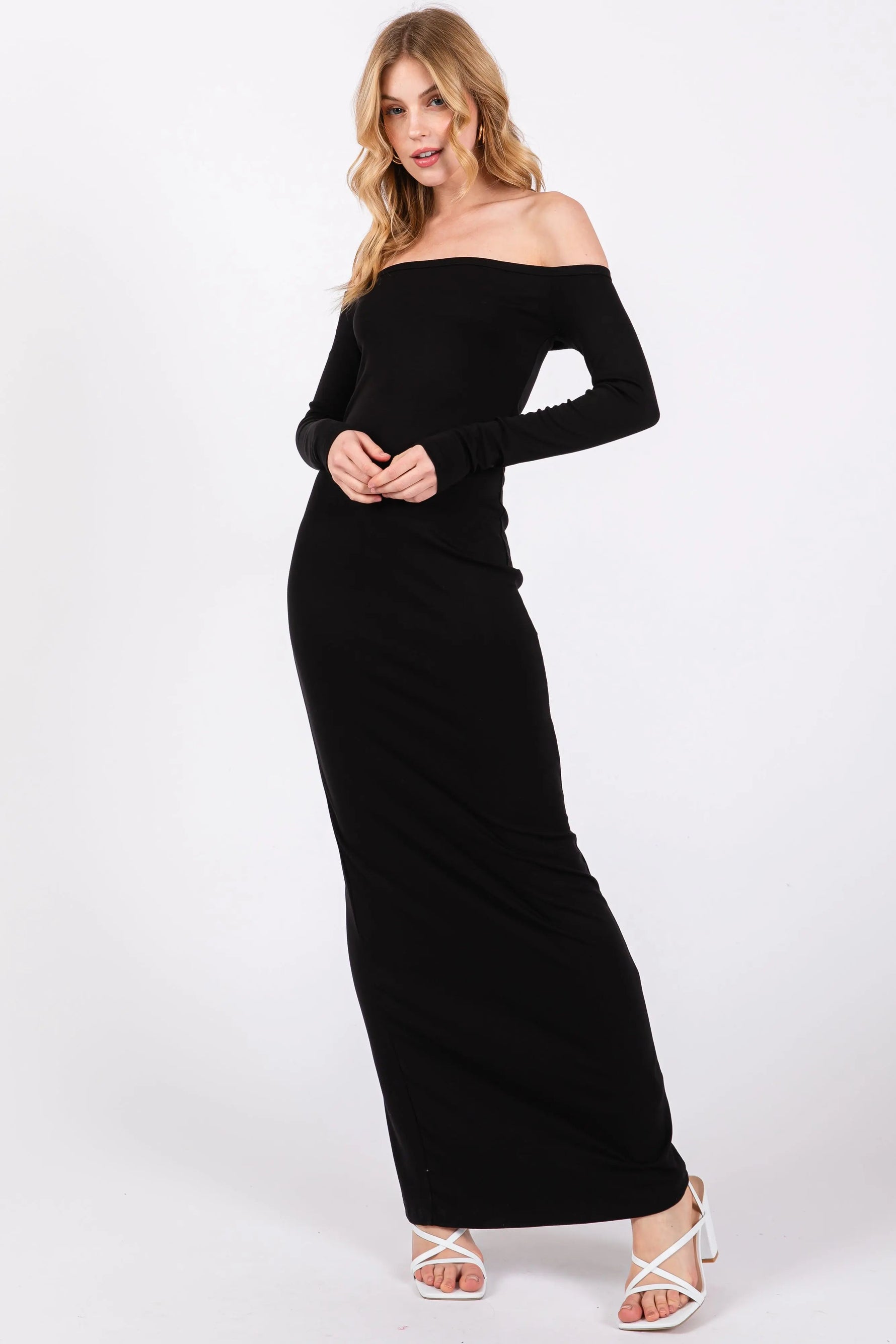 PinkBlush Black Off Shoulder Long Sleeve Maxi Dress - 