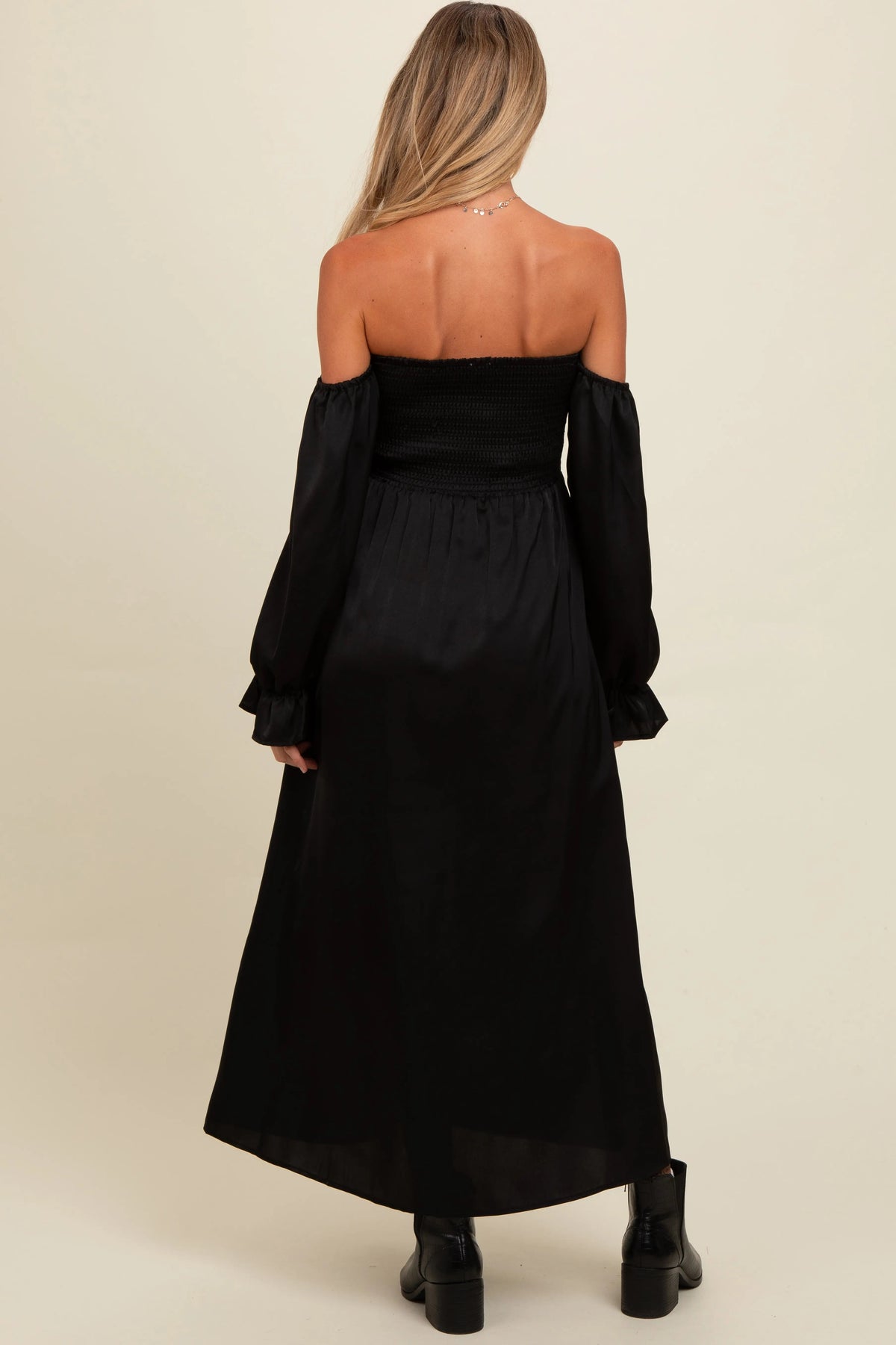 PinkBlush Black Off Shoulder Satin Pleated Bodice Maternity Maxi Dress - 