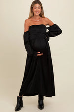 PinkBlush Black Off Shoulder Satin Pleated Bodice Maternity Maxi Dress - 