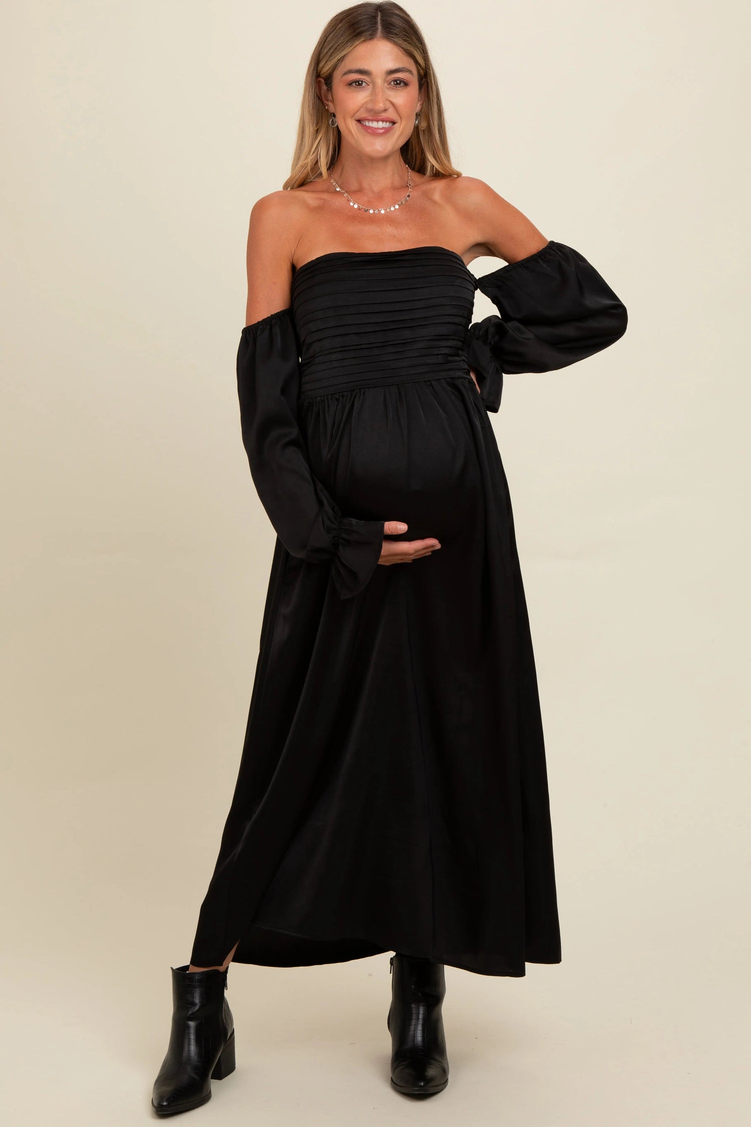 PinkBlush Black Off Shoulder Satin Pleated Bodice Maternity Maxi Dress - 