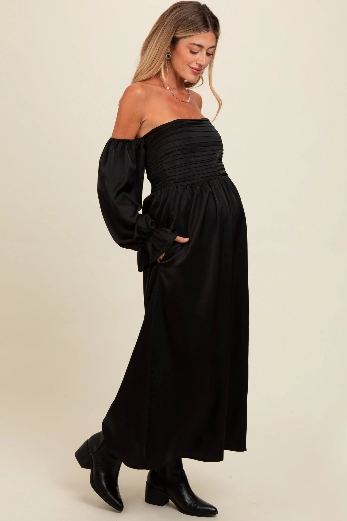 PinkBlush Black Off Shoulder Satin Pleated Bodice Maternity Maxi Dress - 