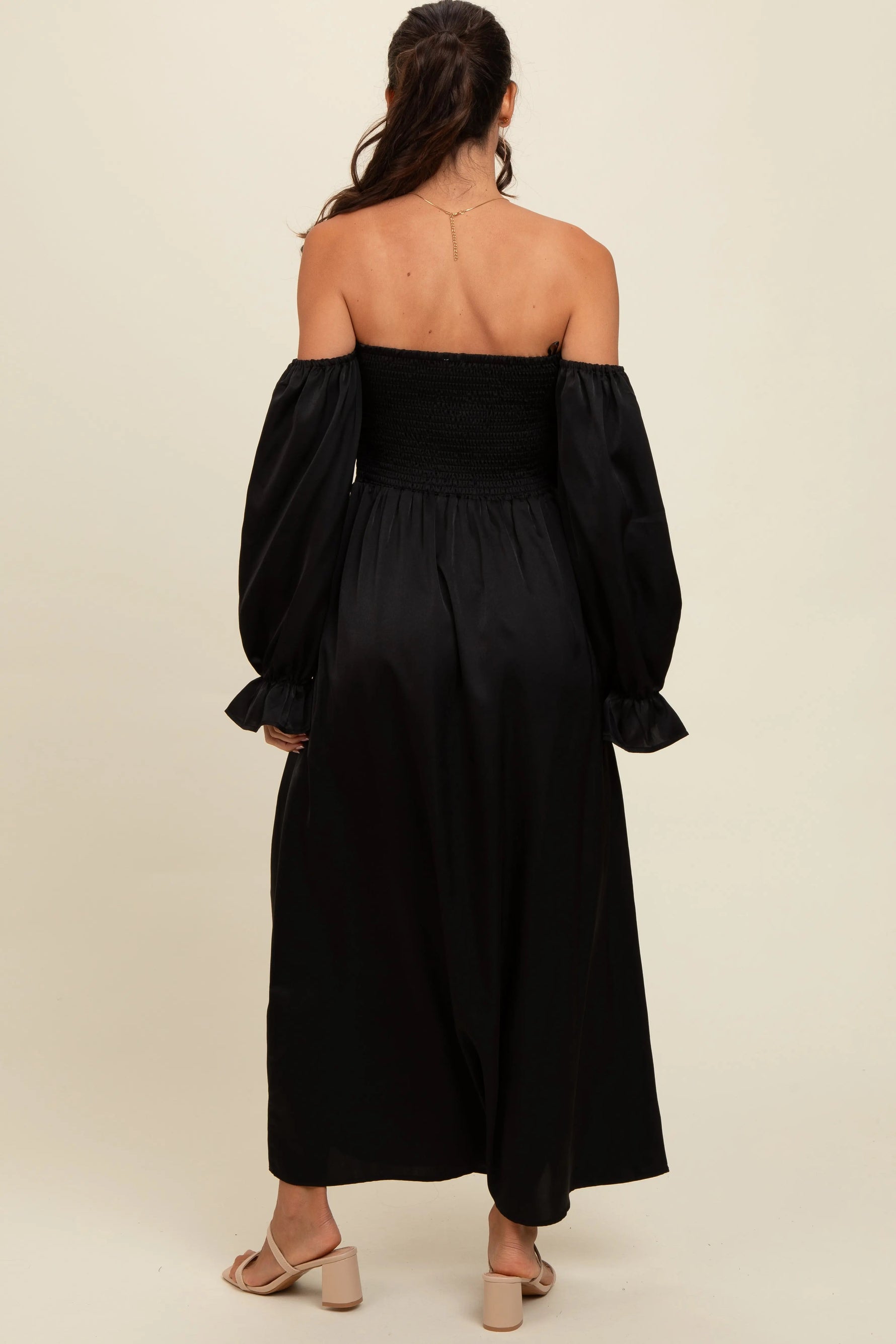 PinkBlush Black Off Shoulder Satin Pleated Bodice Maxi Dress - 
