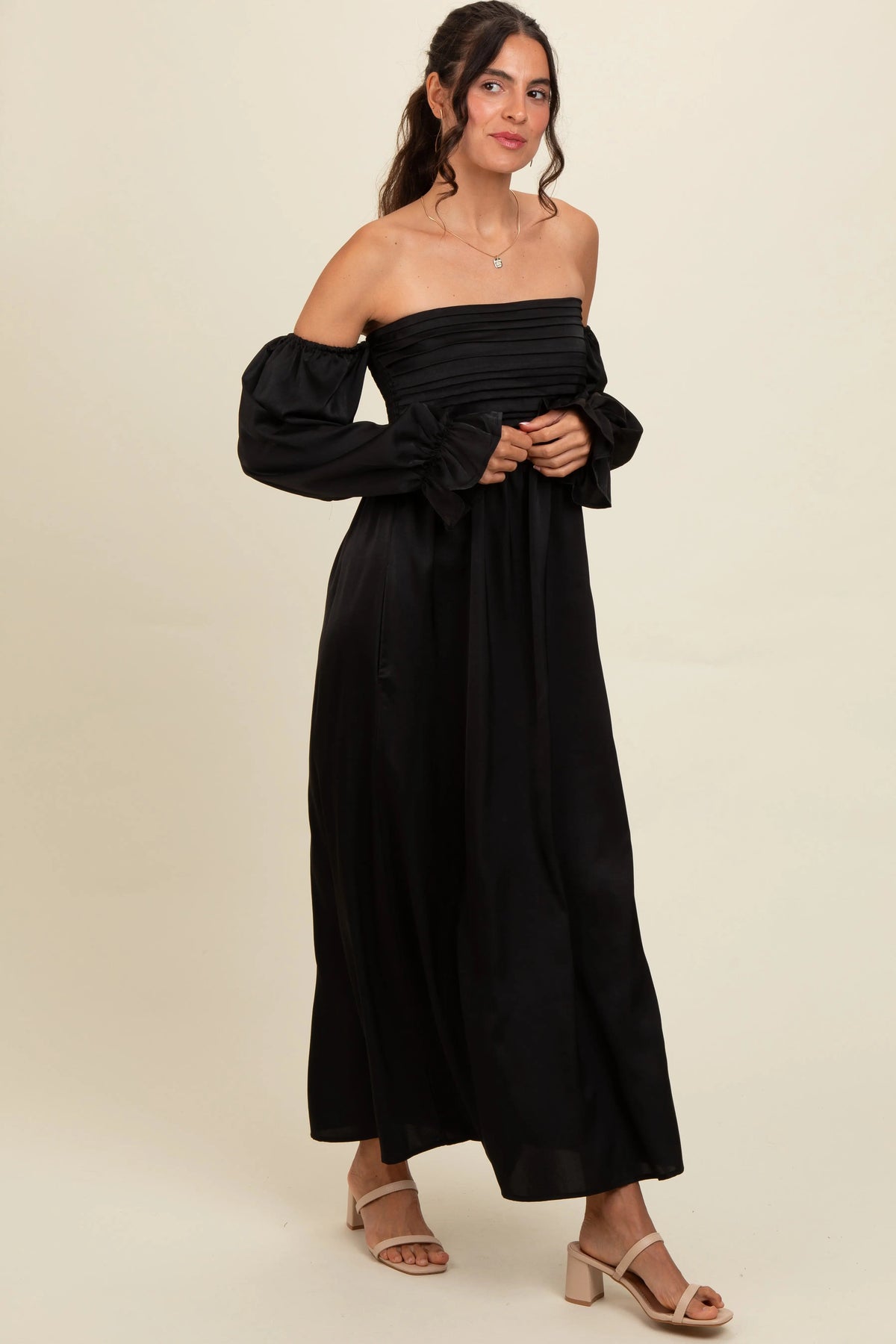 PinkBlush Black Off Shoulder Satin Pleated Bodice Maxi Dress - 